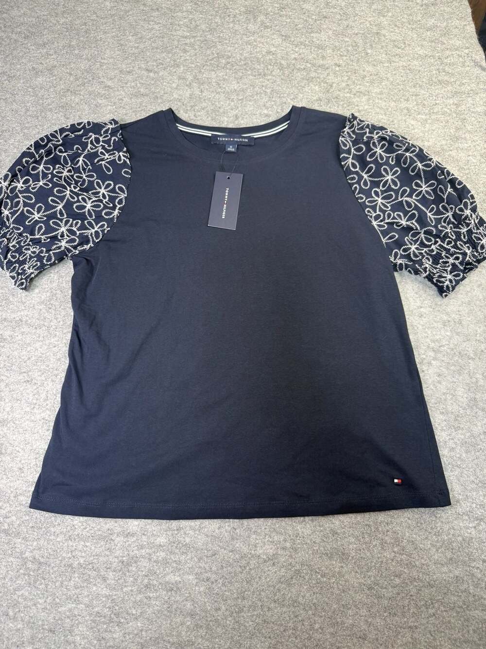 Tommy Hilfiger Puff Sleeve Embroidered Top Size M Navy Blue